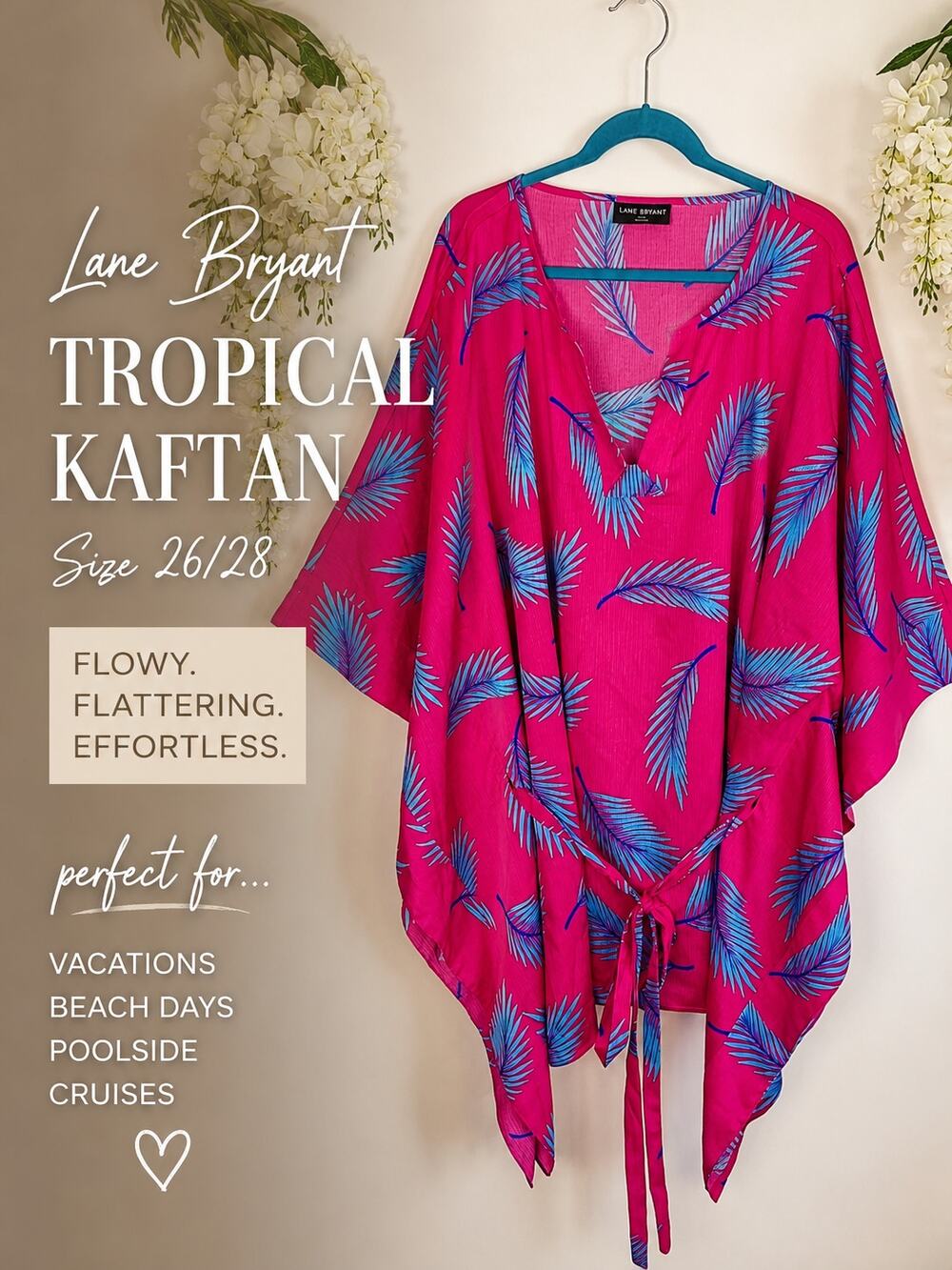 Lane Bryant Kimono Kaftan Top Size 26/28 Pink Palm Tie Waist Tropical Resort